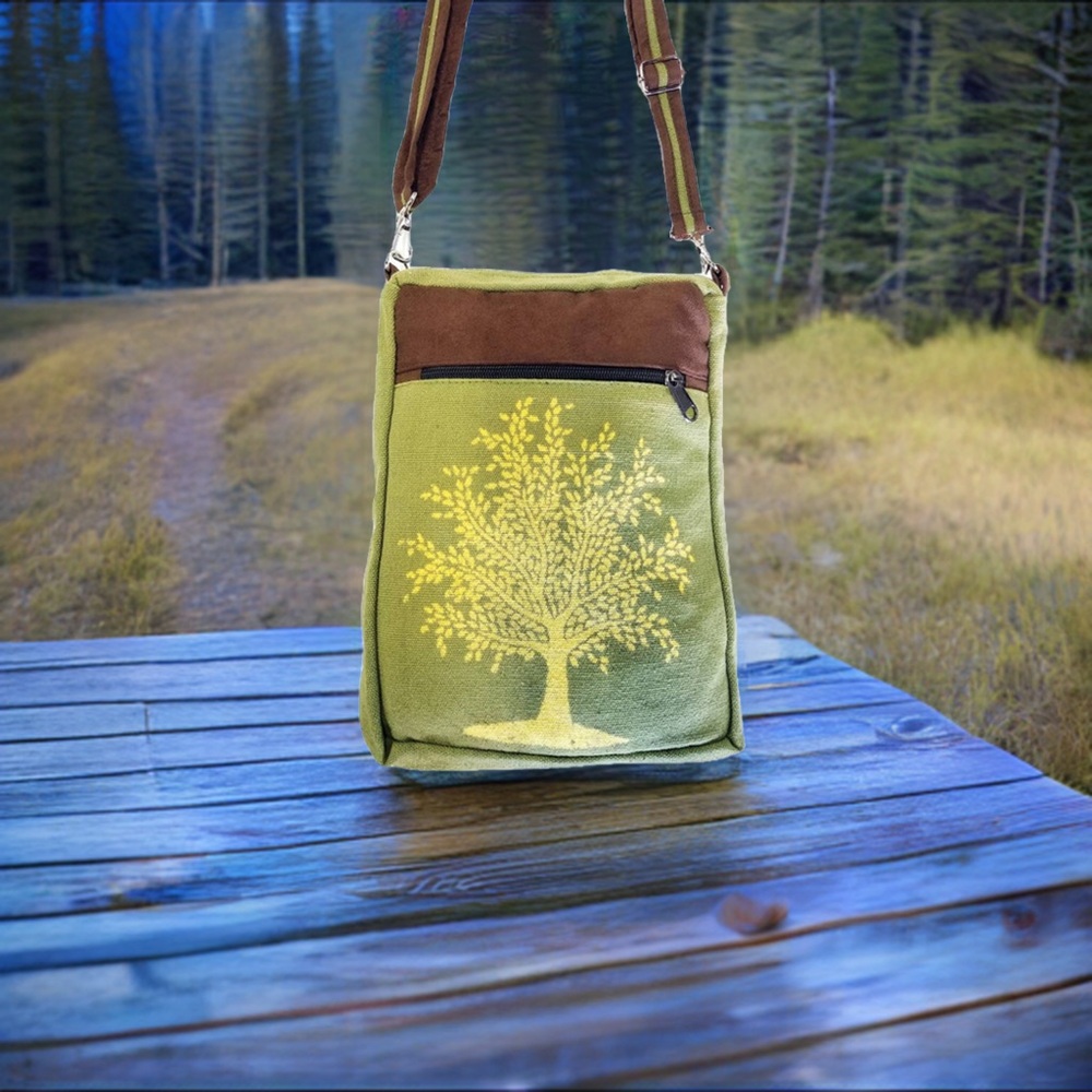 Elegant Green and Brown Crossbody Bag with Tree Design - Picture 2 of 3